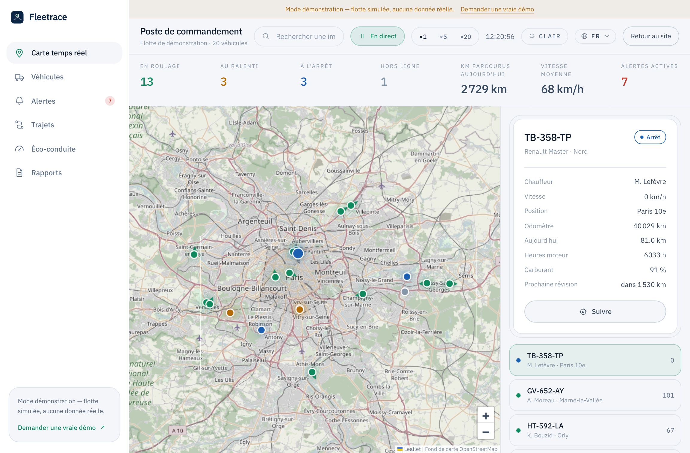 Poste de commandement Fleetrace — positions rafraîchies toutes les 3 secondes.